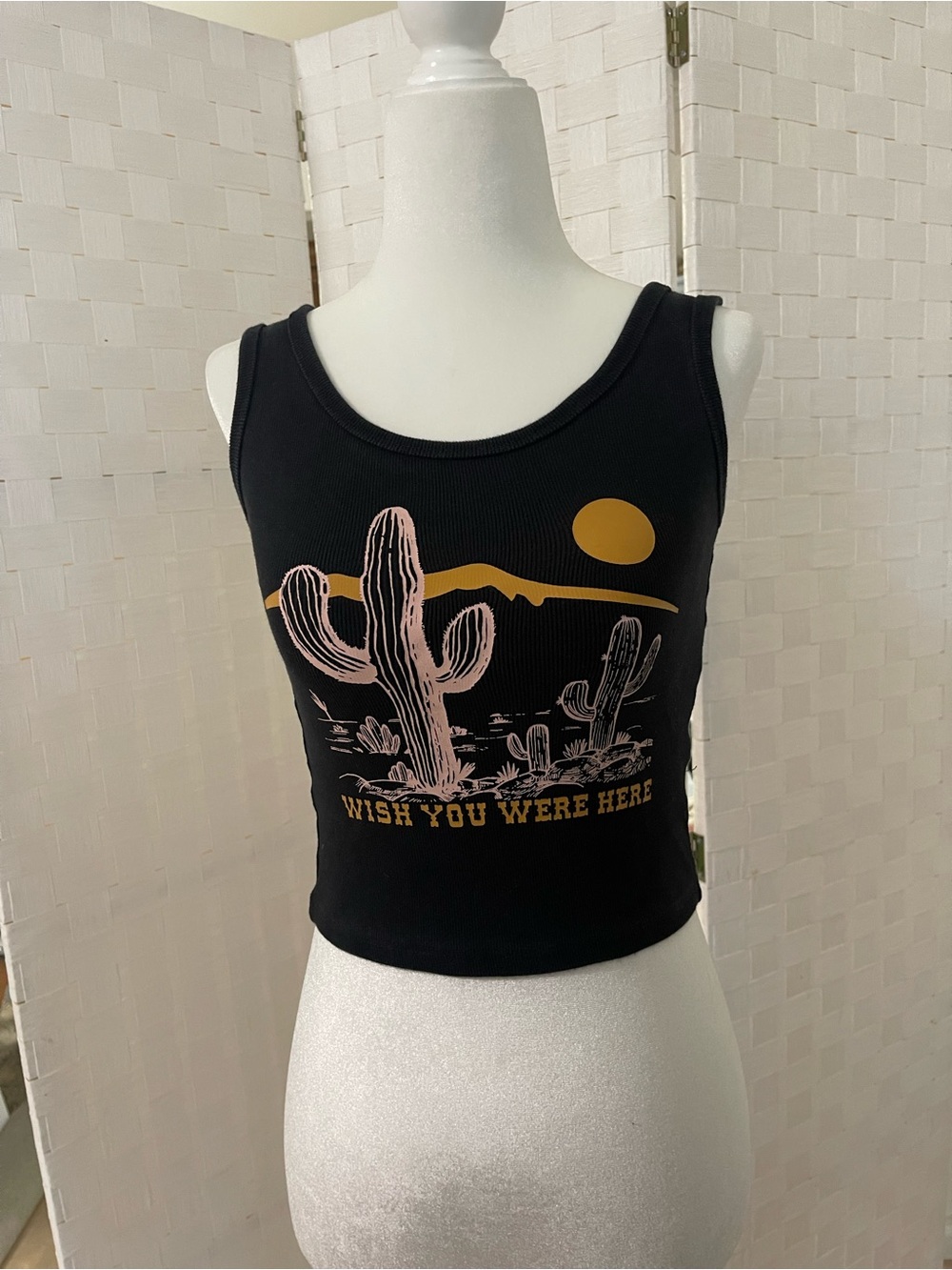 Black 'Wish You Were Here' Cactus Graphic Crop Tank